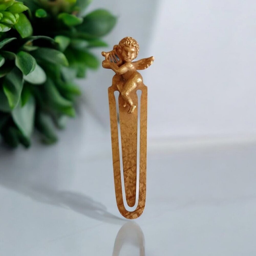 Vintage Florenza Gold Tone Metal Cherub Angel Large Bookmark Vtg Baroque Style